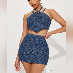 Fashion Nova Navy Patterned Skirt Set